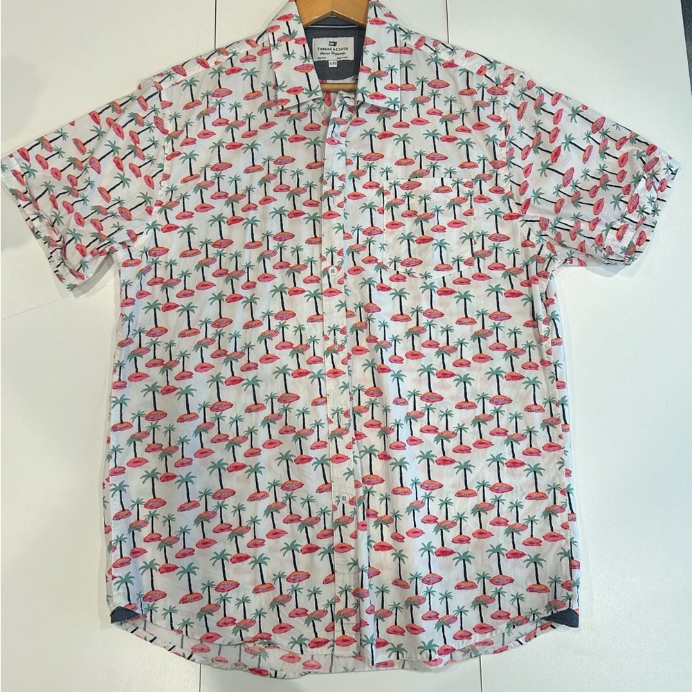Thread & Cloth Men's L Button Up White Palm Tree Slim Fit Vacation Cotton